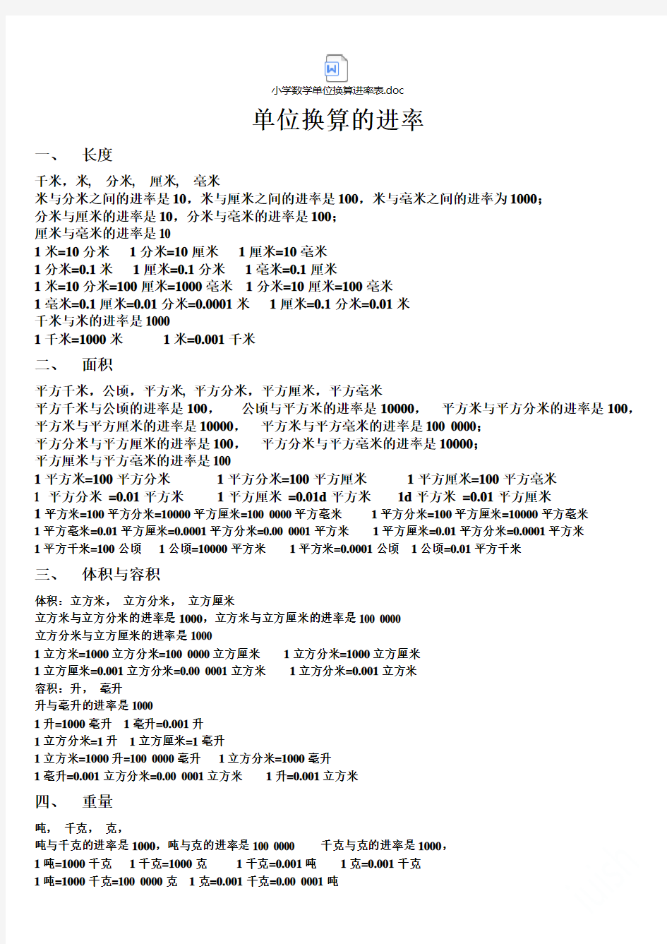 小学数学单位换算进率表