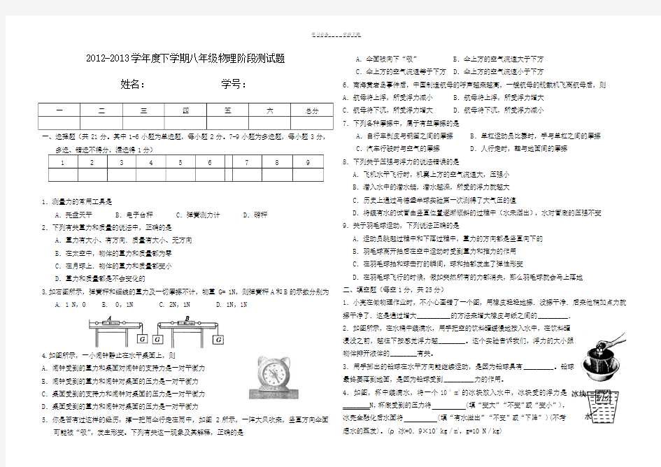 人教版物理八年级下学期期中考试题(含答案)