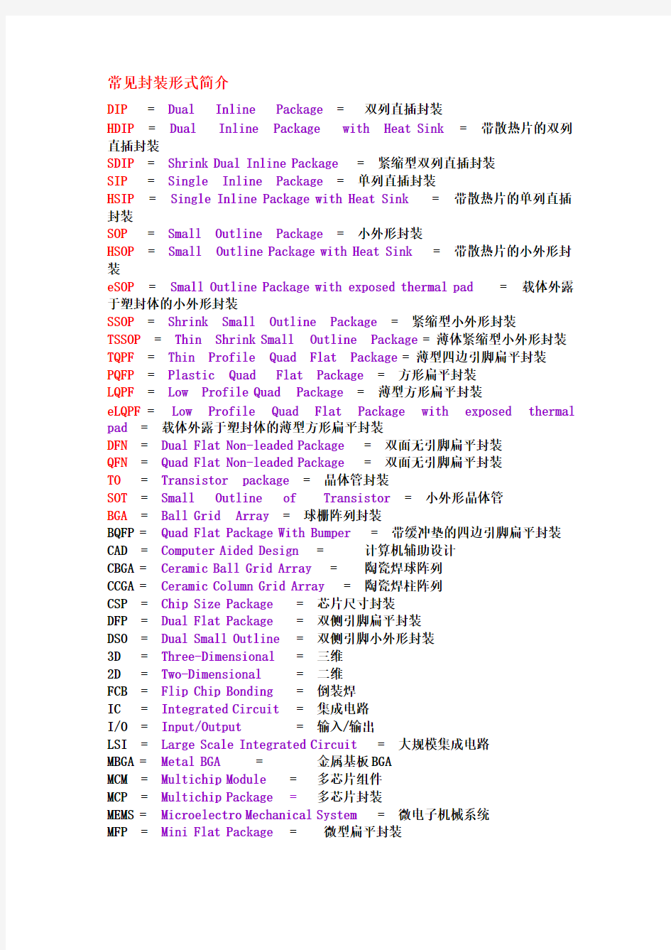 封装专用英语词汇概要