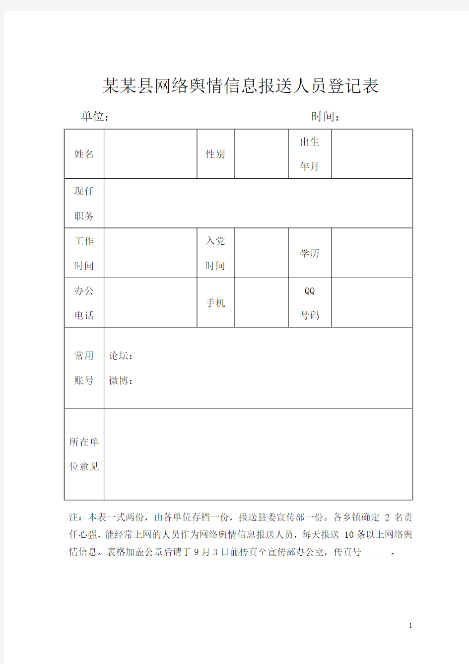 某某县网络舆情信息报送人员登记表