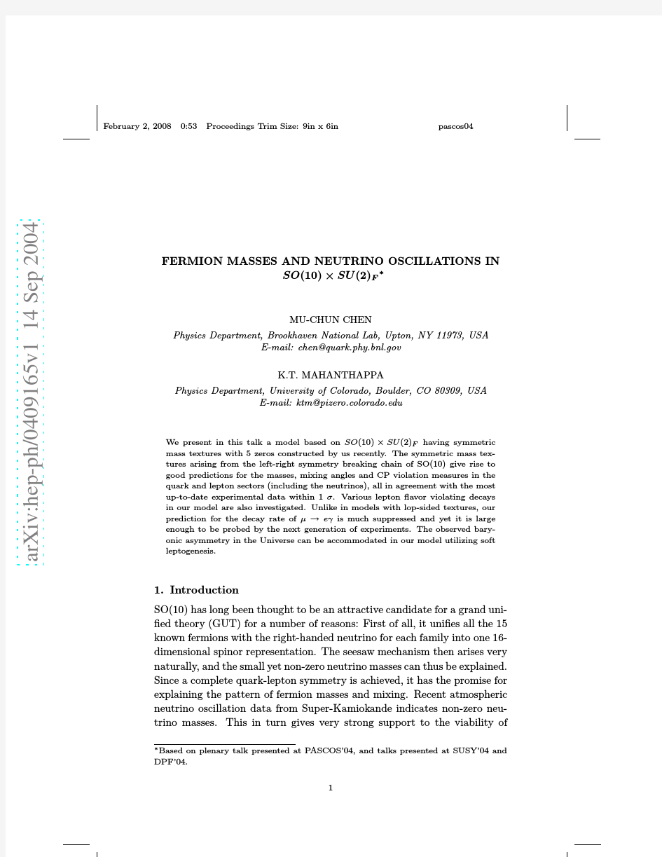 Fermion Masses and Neutrino Oscillations in SO(10) x SU(2)_{F}