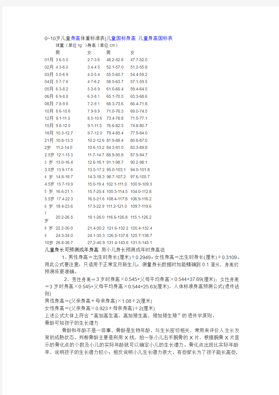 0-10岁宝宝身高体重标准表