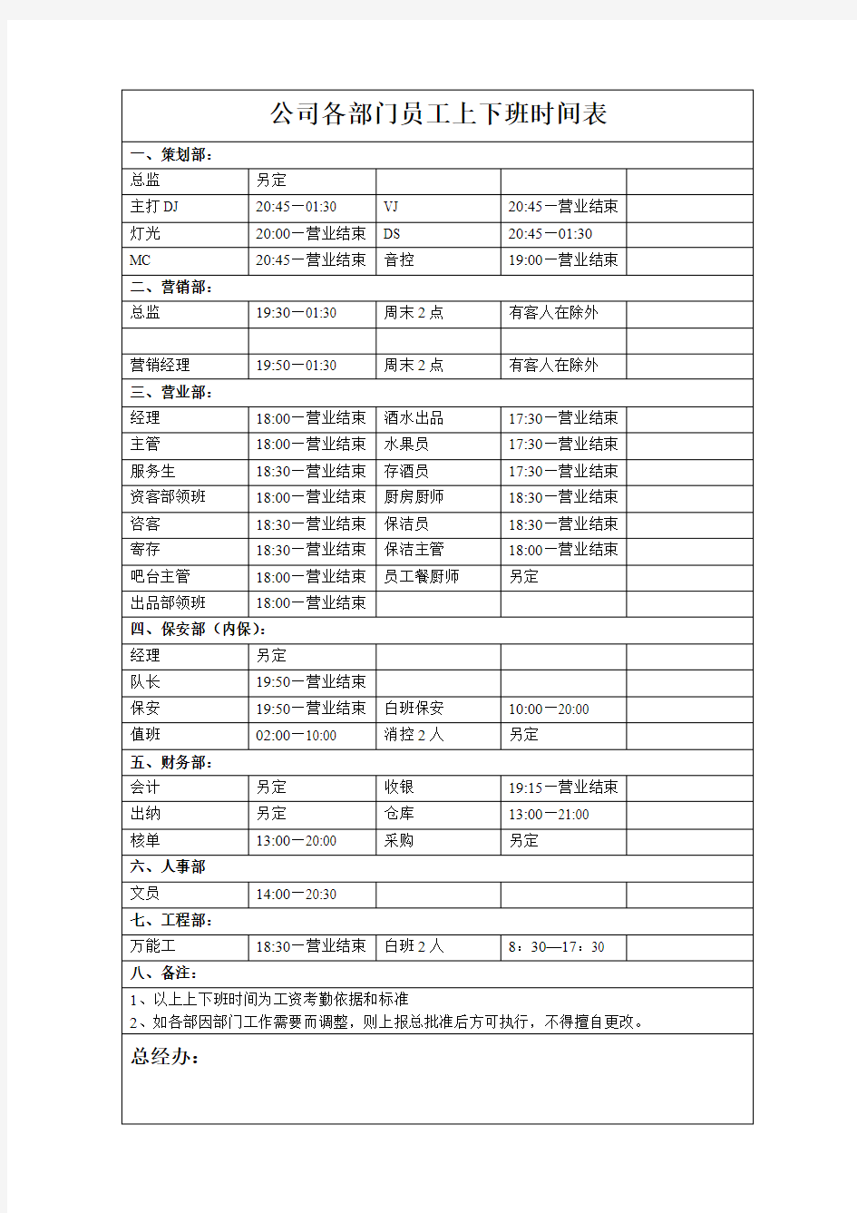 公司各部门员工上下班时间表