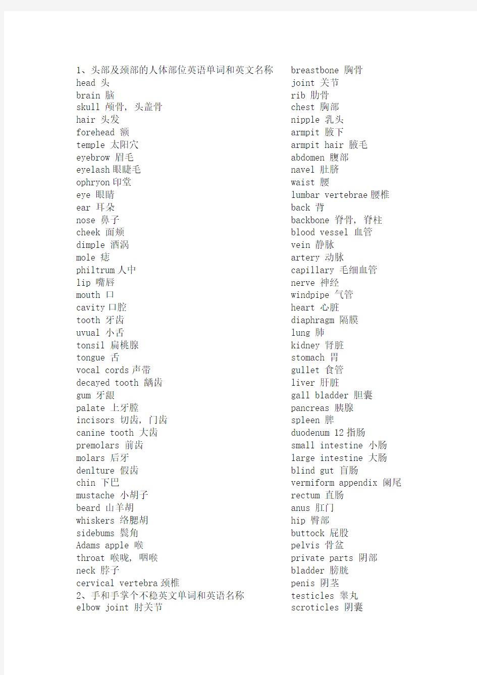 身体各部位英文名称