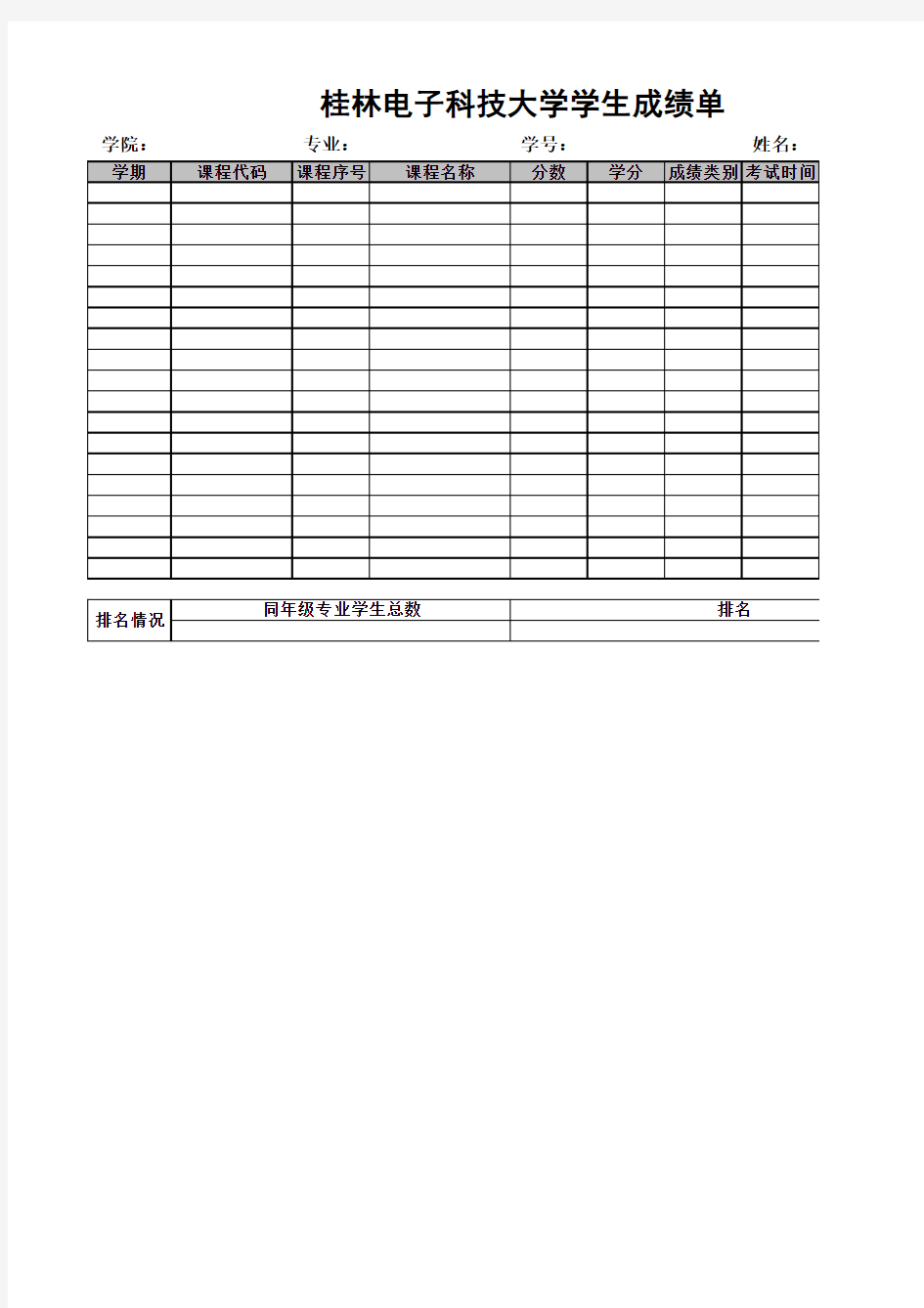 学习成绩单及本专业综合排名表