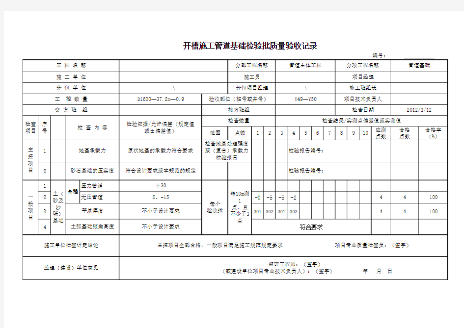 开槽施工管道基础检验批质量验收记录