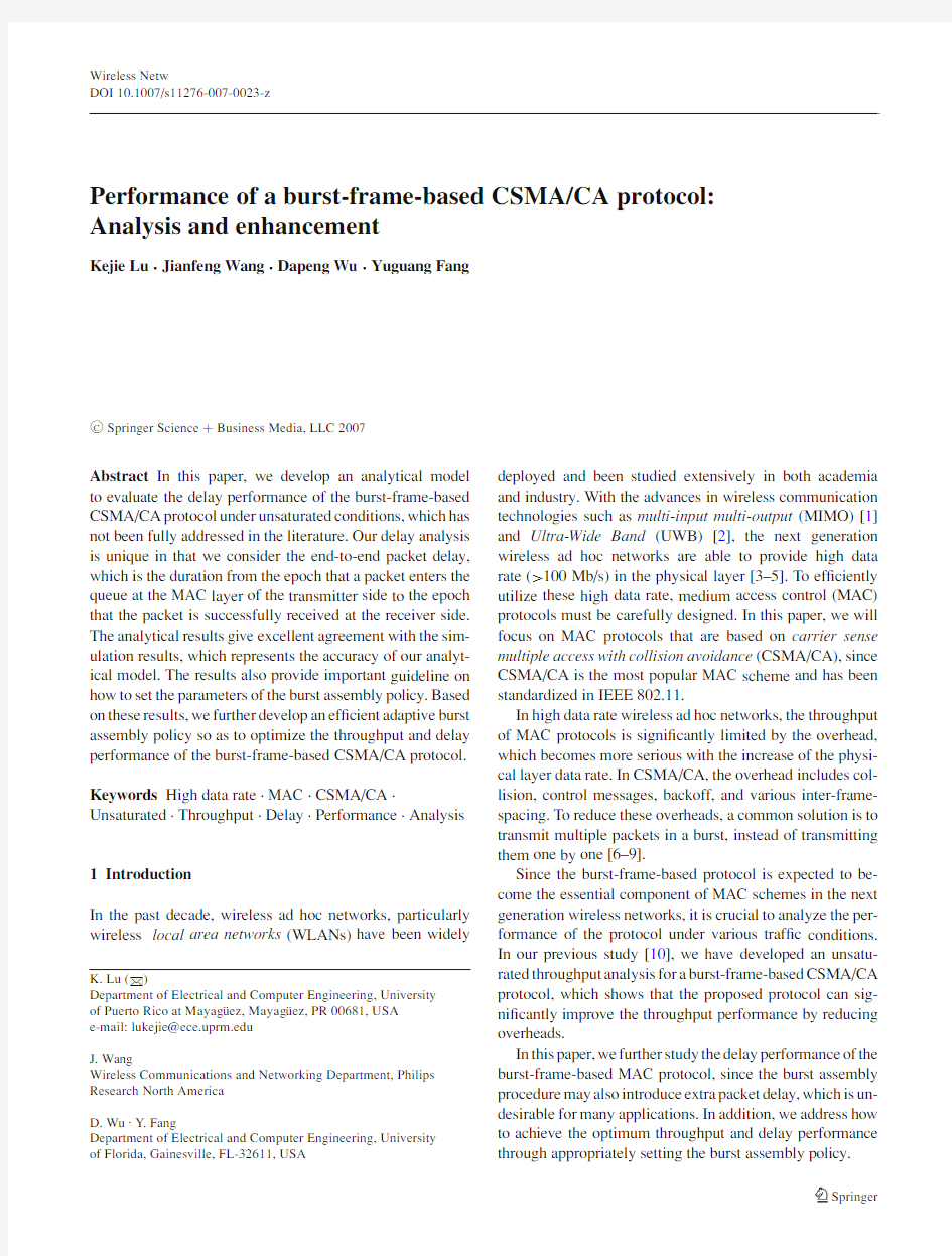 DOI 10.1007s11276-007-0023-z Performance of a burst-frame-based CSMACA protocol Analysis an