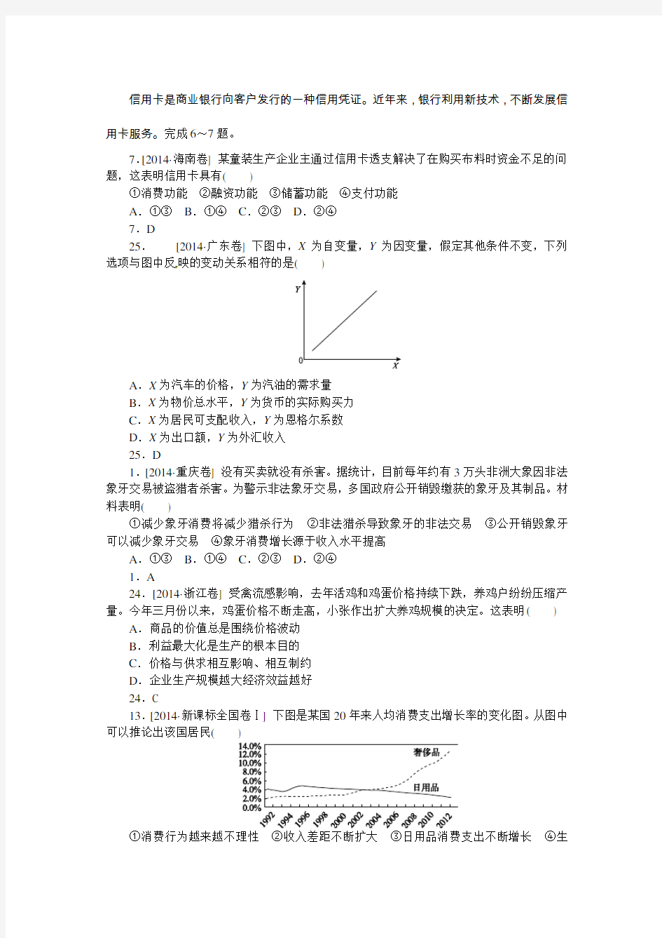 2014年高考政治原题： 生活与消费