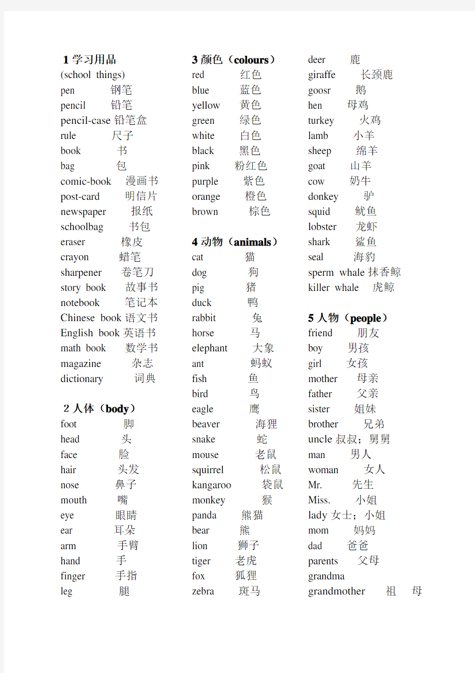 小学英语单词分类全集