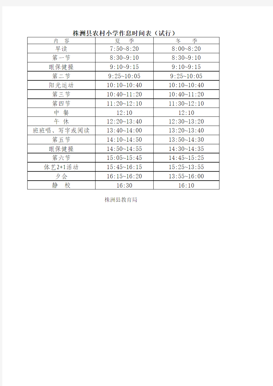 农村中小学校作息时间表(试行)