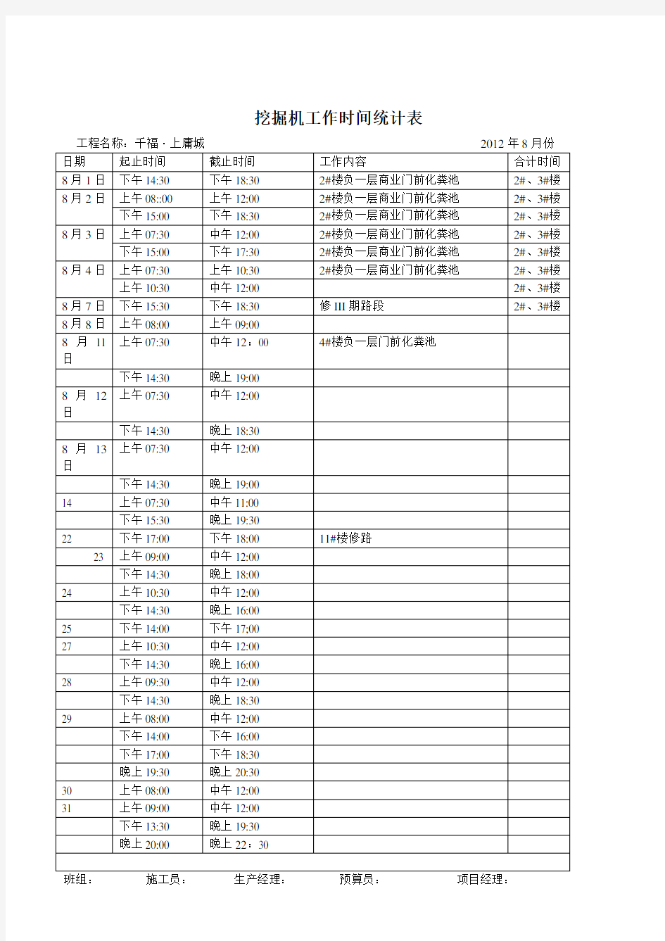 挖掘机台班统计表