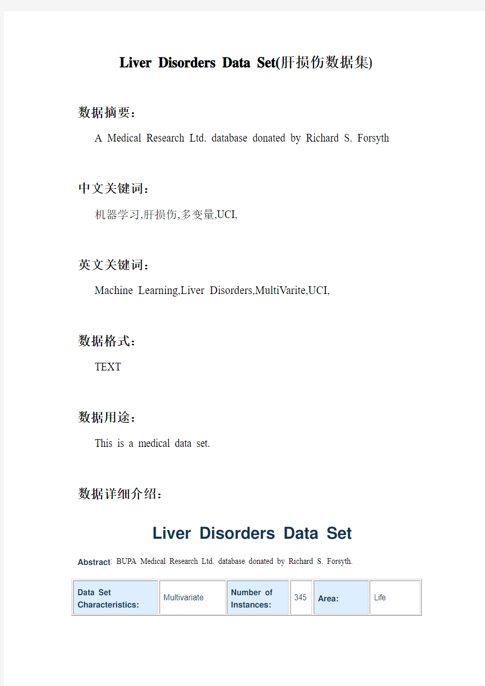 机器学习_Liver Disorders Data Set(肝损伤数据集)