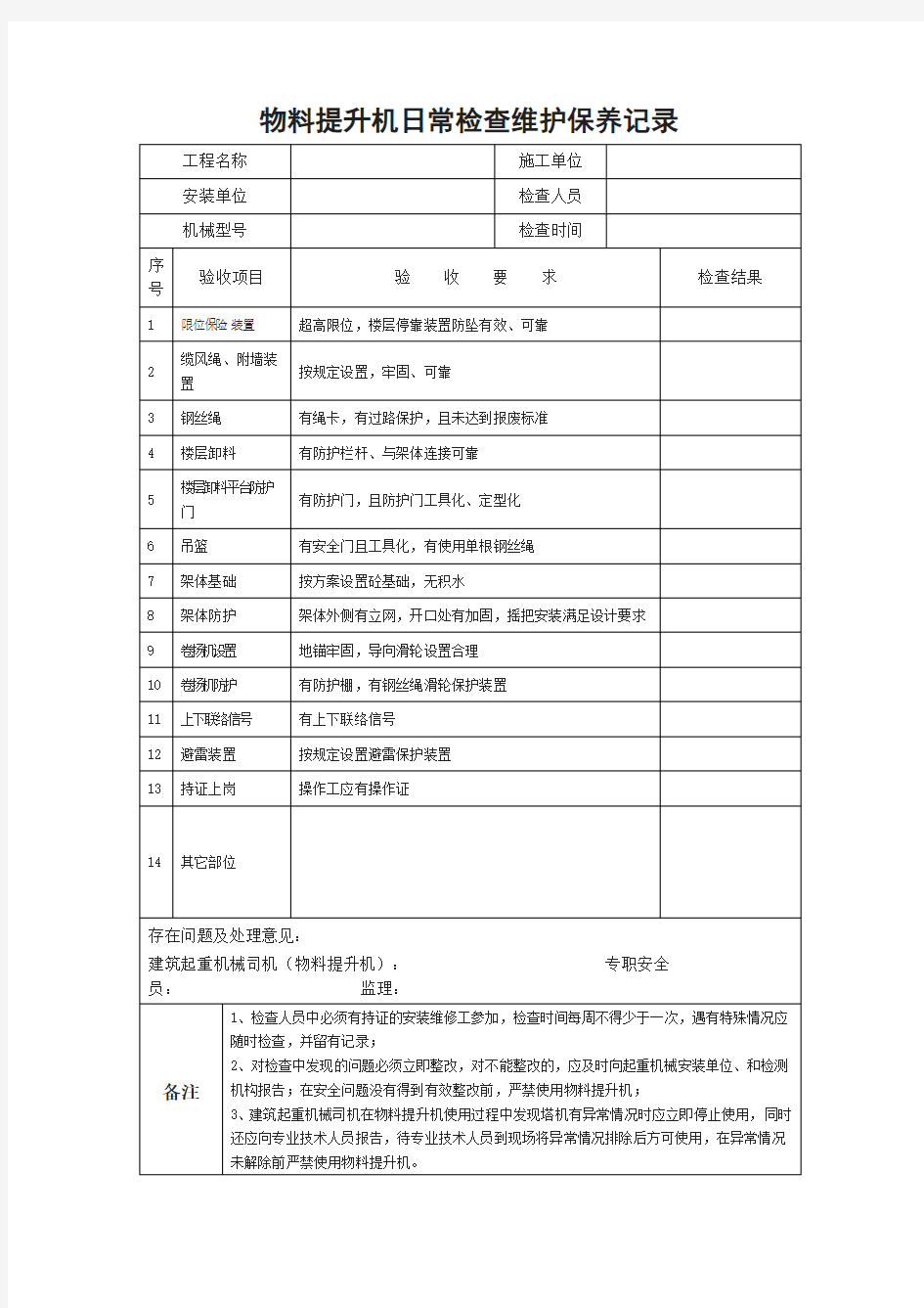 物料提升机保养记录表