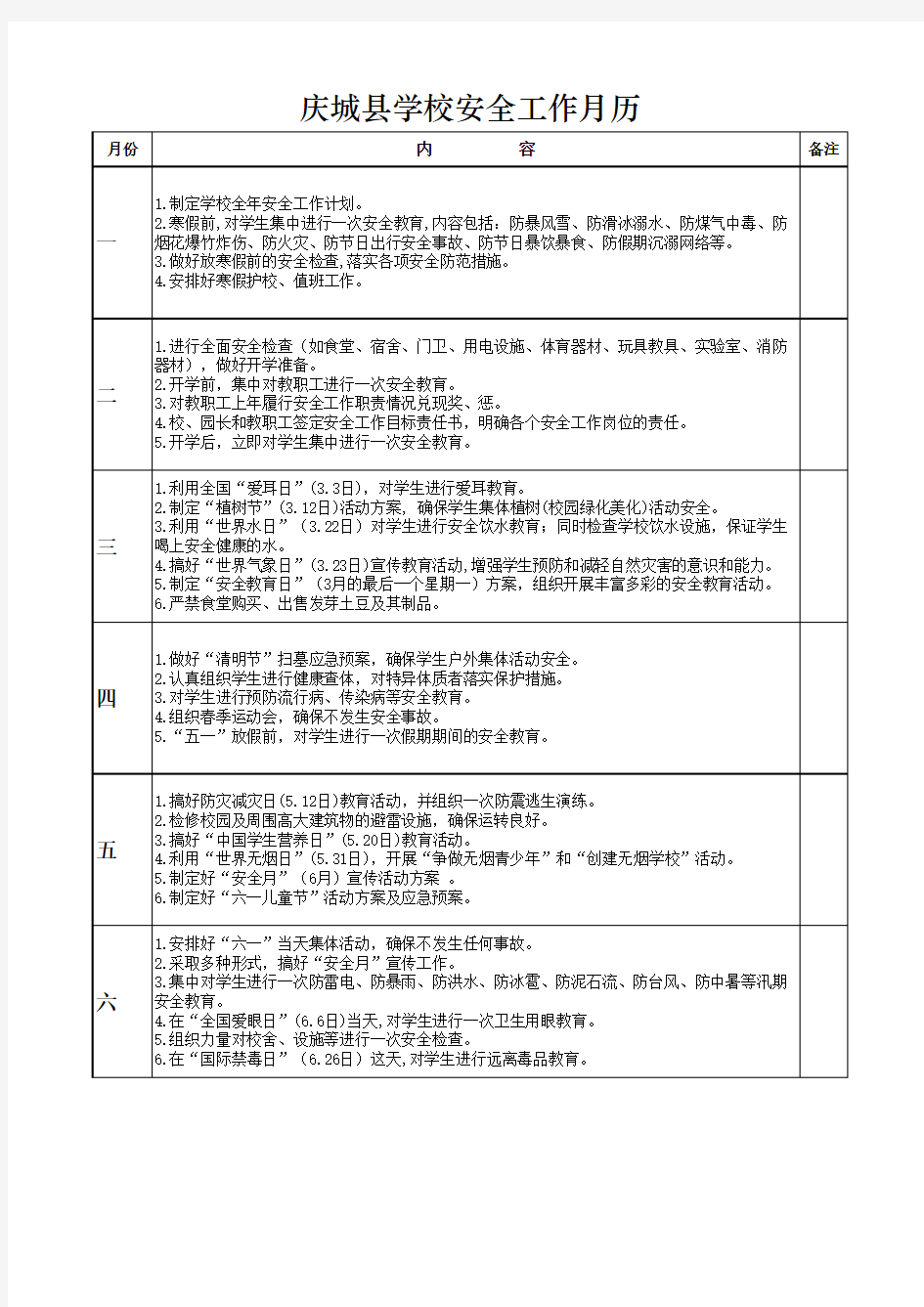 庆城县学校安全工作月历