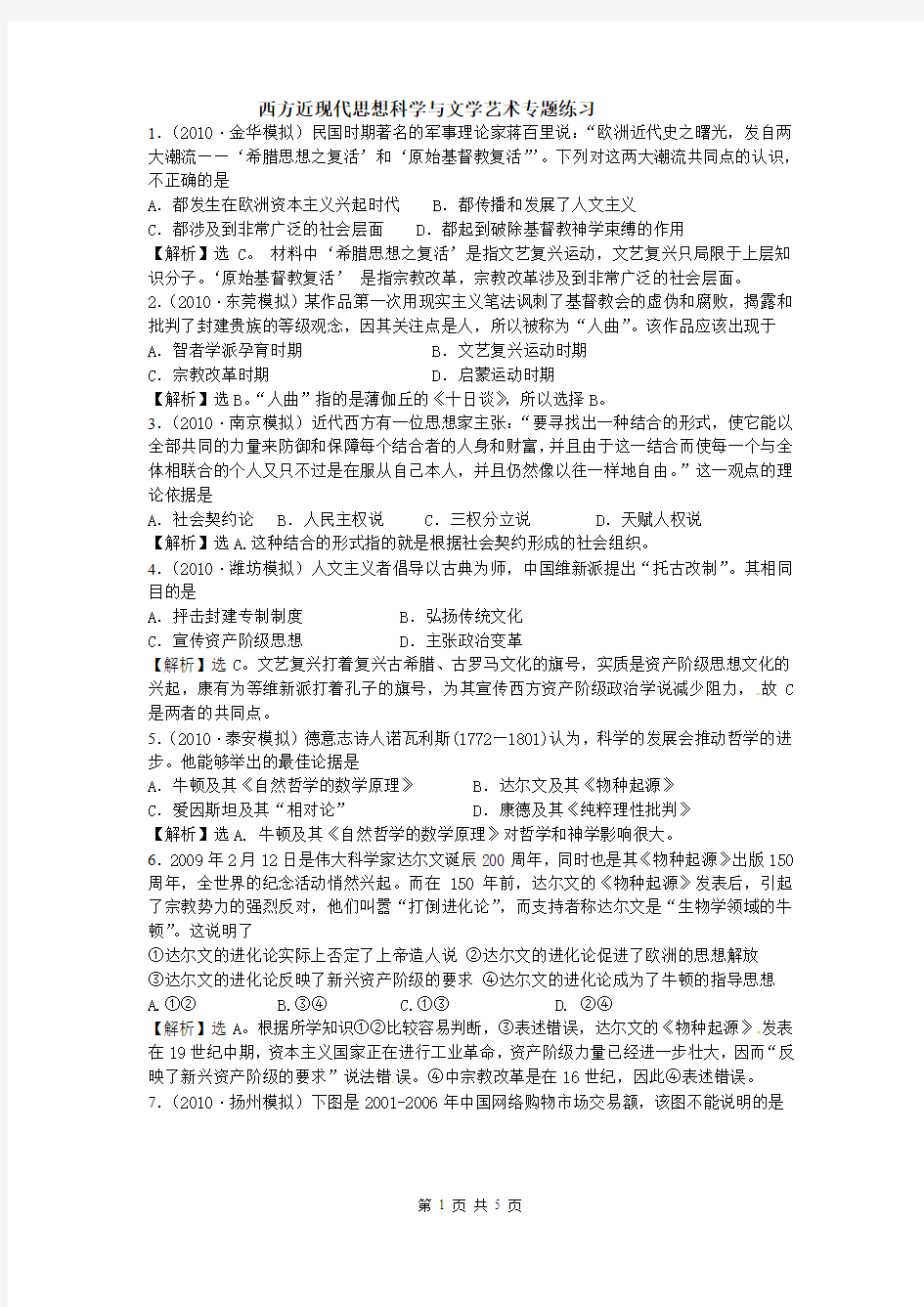 西方近现代思想科学与文艺专题练习