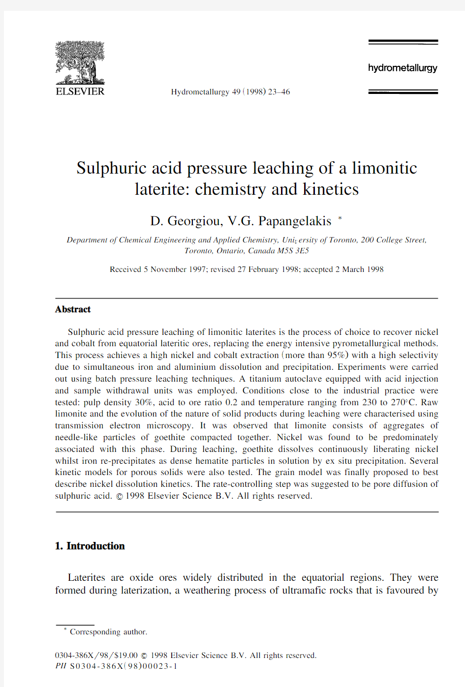 Sulphuric acid pressure leaching of a limonitic