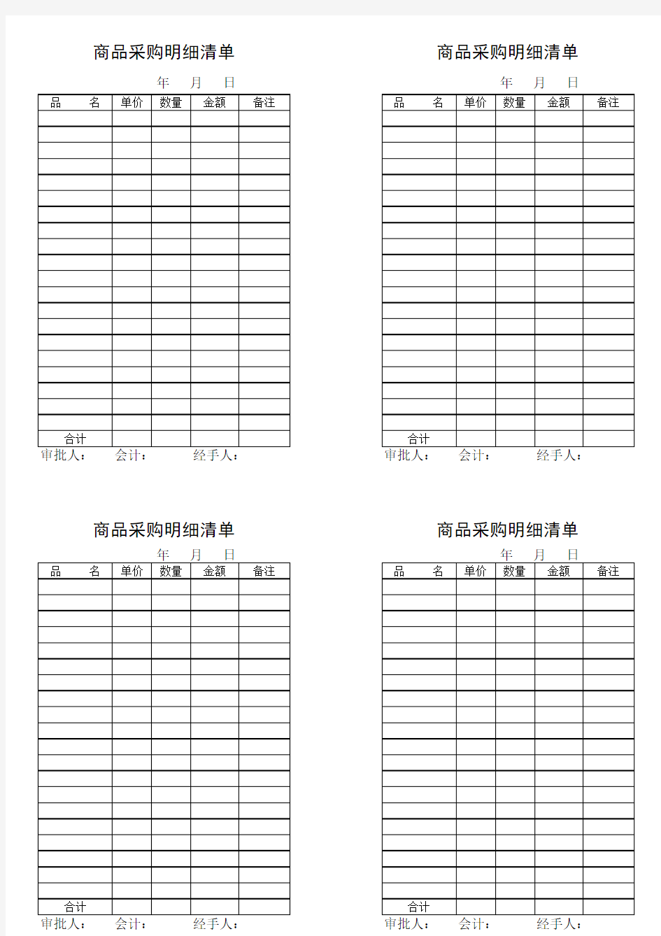 商品采购明细清单