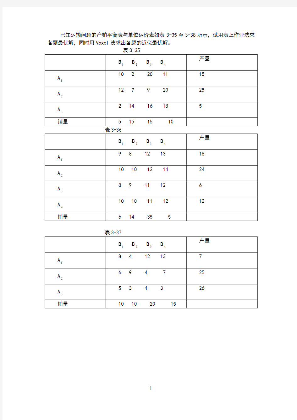 31已知运输问题的产销平衡表与单位运价表如表3-35至3-