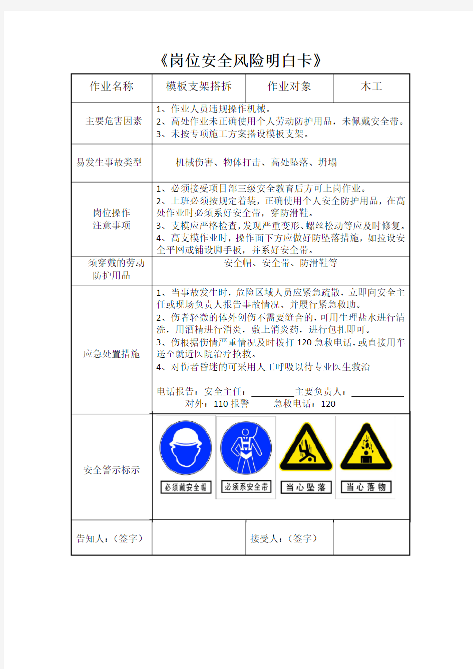 岗位安全风险明白卡(建筑工种完整版)