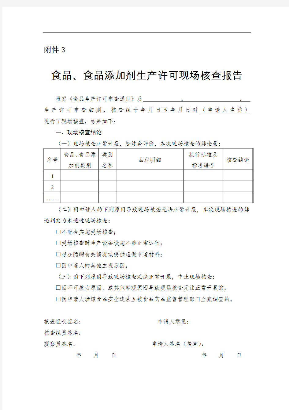 食品、食品添加剂生产许可现场核查报告