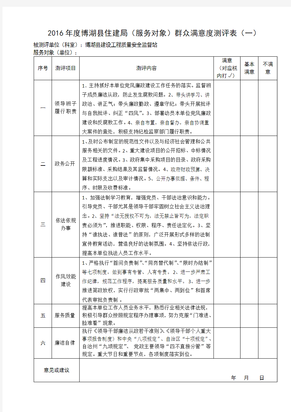 群众满意度测评表、单位科室互评表