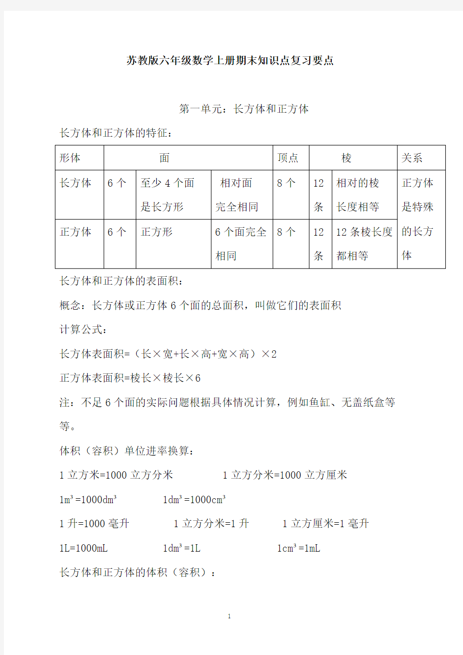 苏教版六年级数学上册各单元知识点汇总