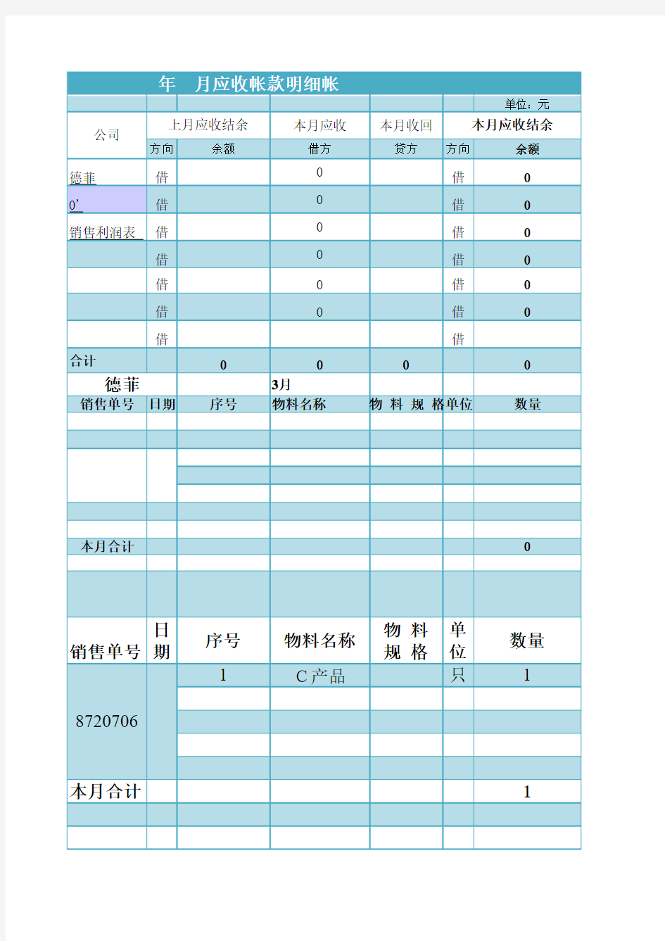 应收账款明细账单表样式