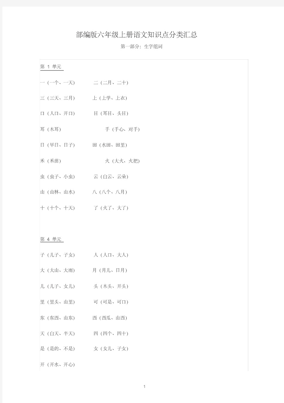 部编版一年级语文上册各单元知识点分类汇总