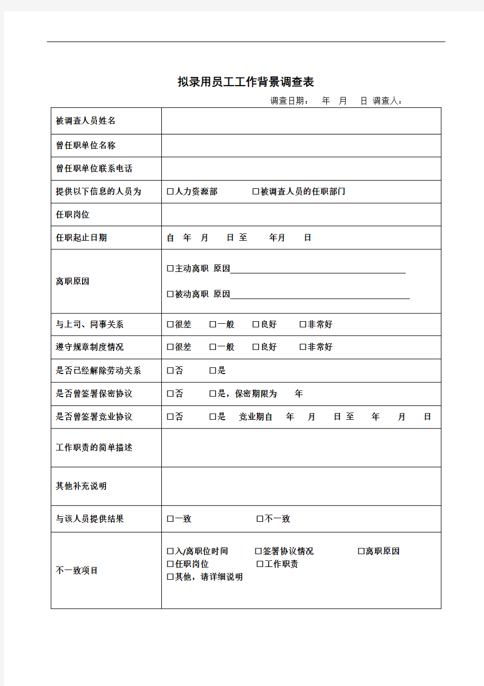 拟录用员工工作背景调查表