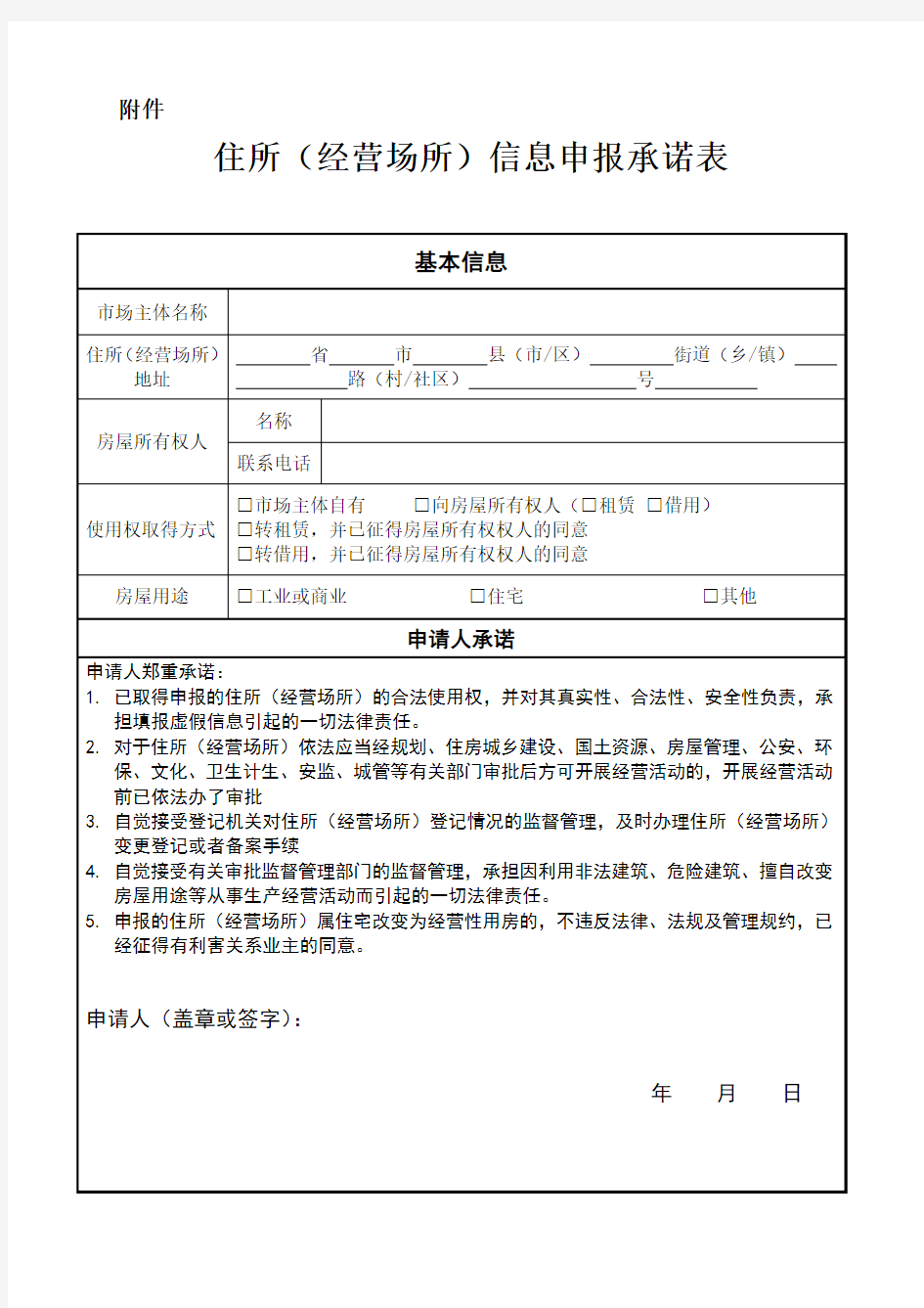 住所(经营场所)信息申报承诺表