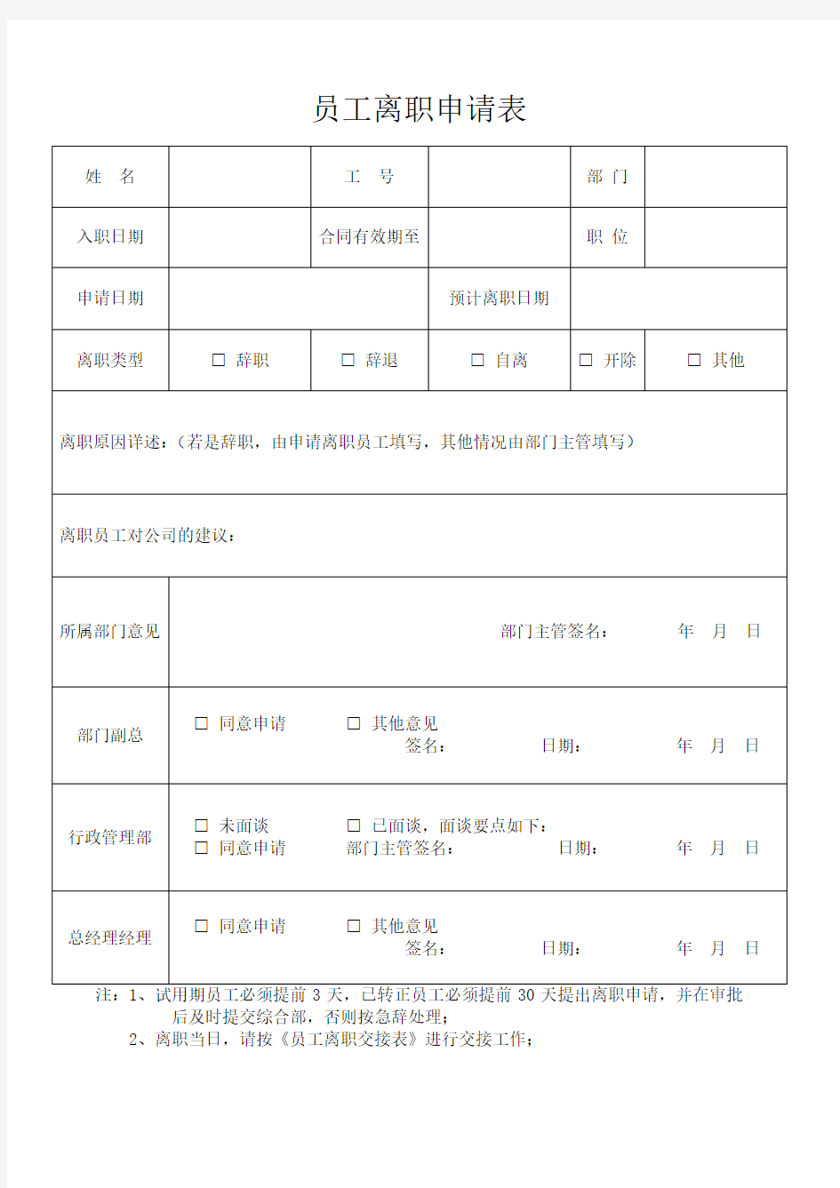 员工离职申请表 