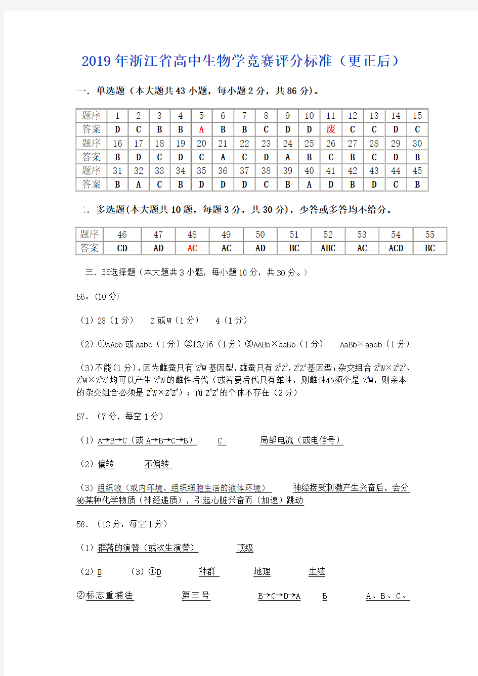 2019年浙江省高中生物学竞赛评分标准(更正后)