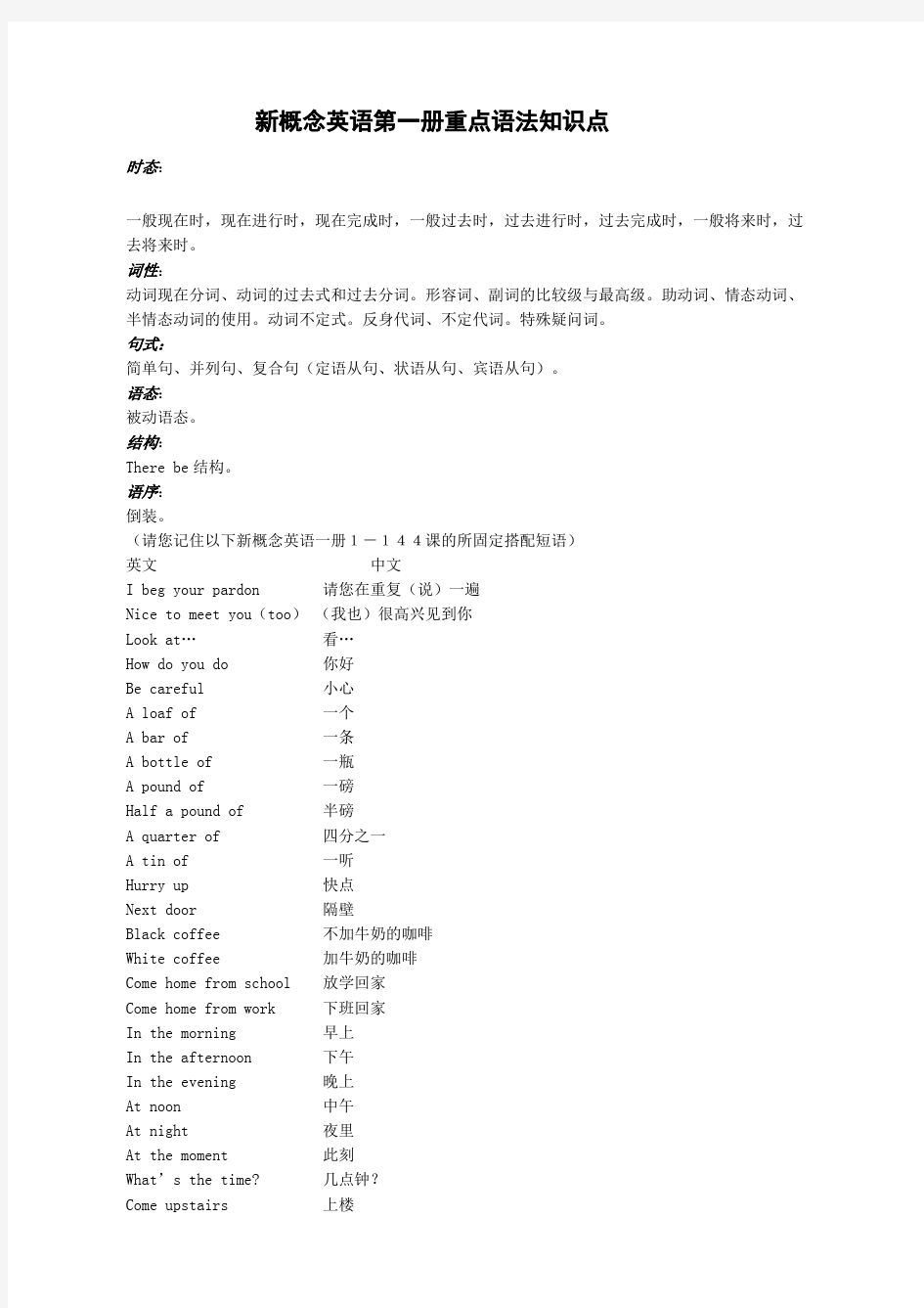 (完整版)新概念英语第一册重点语法知识点