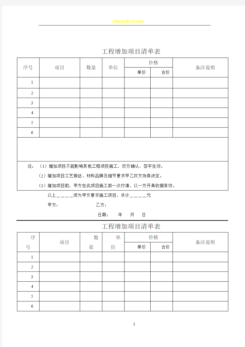 工程增加项目清单表