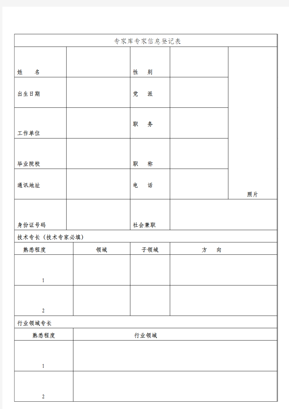 专家库专家信息登记表