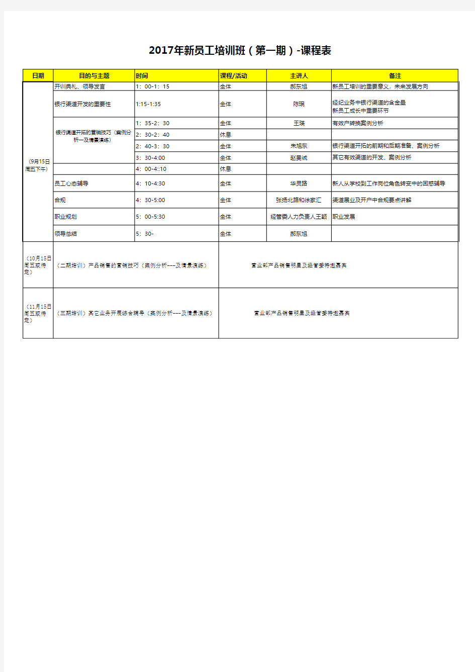 2017年新员工培训课程表