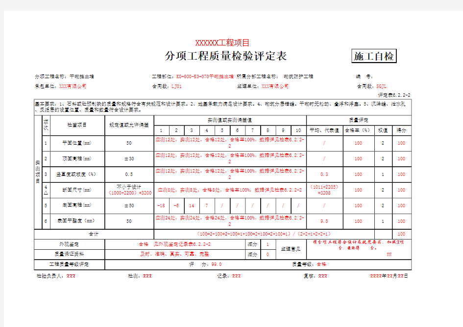 评定表6.2.2-2 干砌挡土墙评定(填写示例)