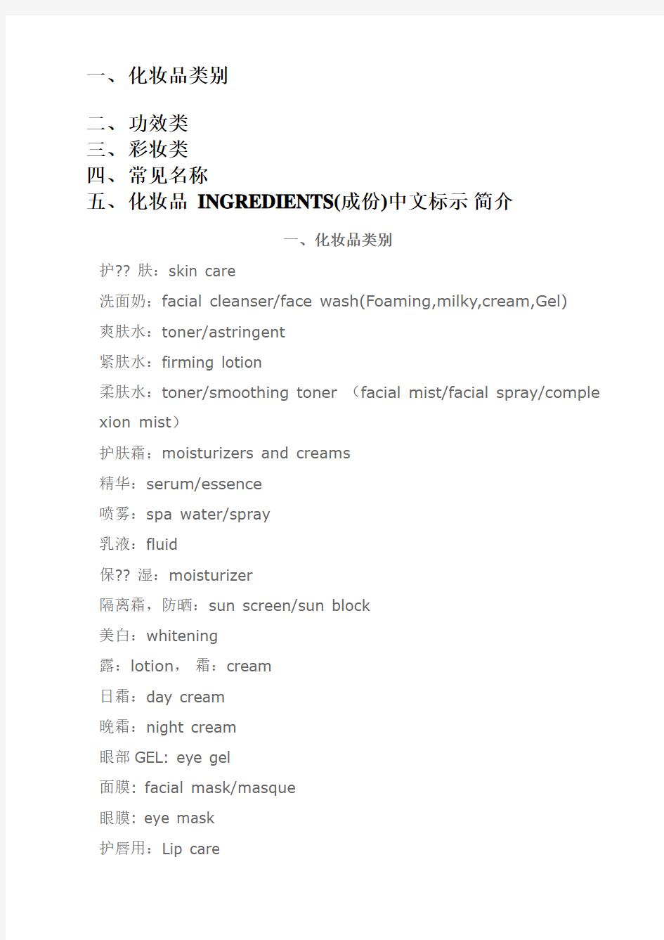 化妆品常用词汇中英文对照