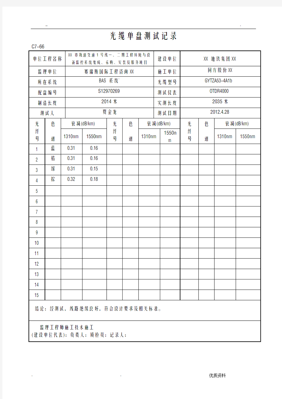 光缆单盘测试记录改