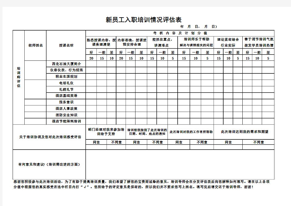 新员工入职培训评估表