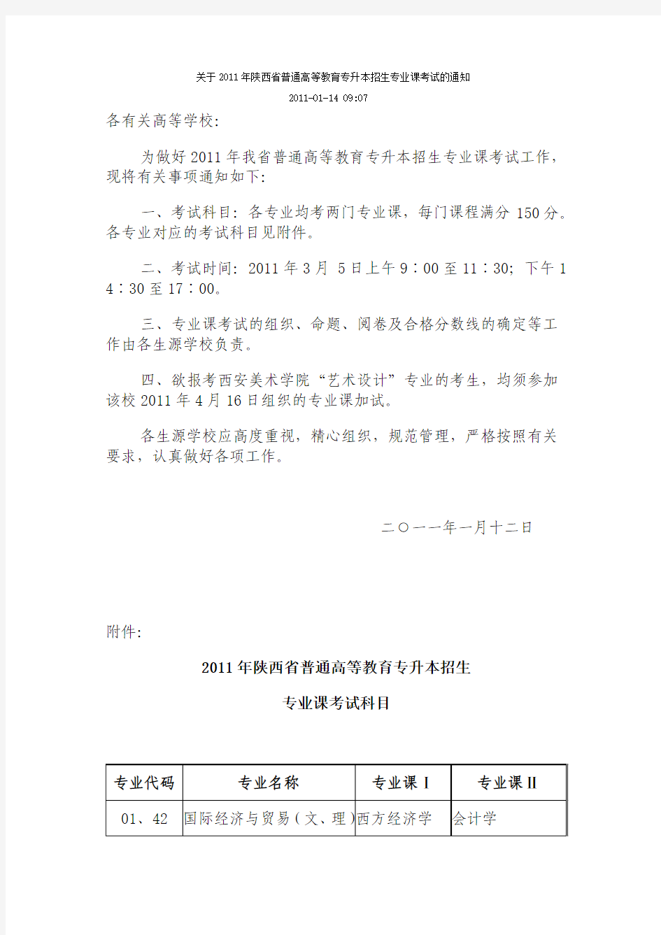 关于2011年陕西省普通高等教育专升本招生专业课考试的通知