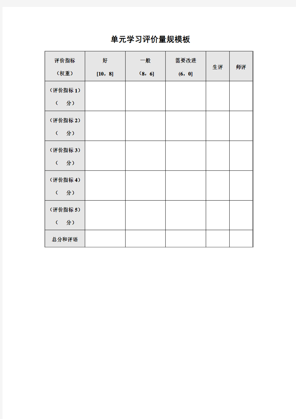 单元学习评价量规模板