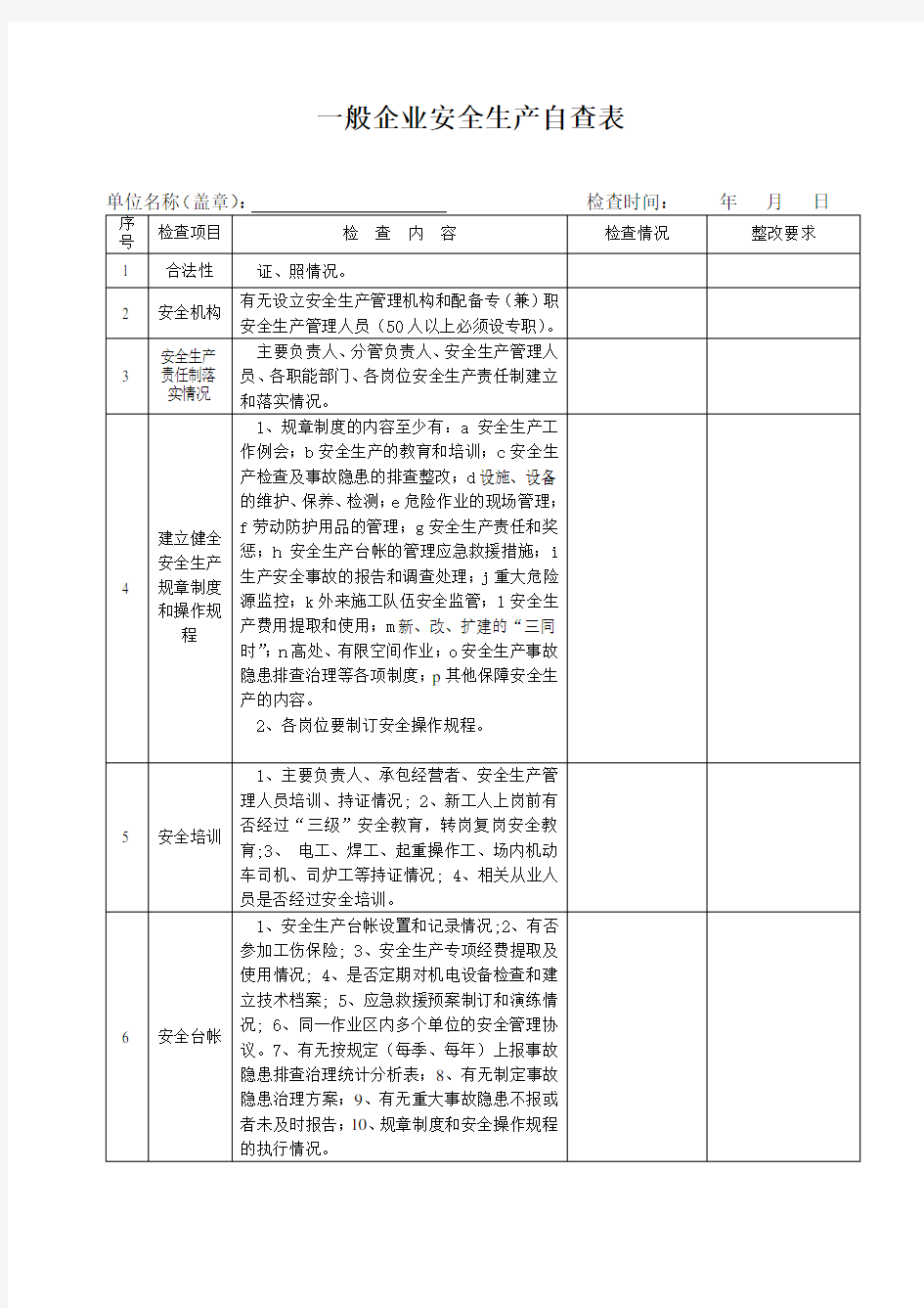 一般企业安全生产自查表