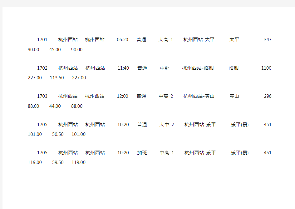 杭州汽车客运西站列车时刻表