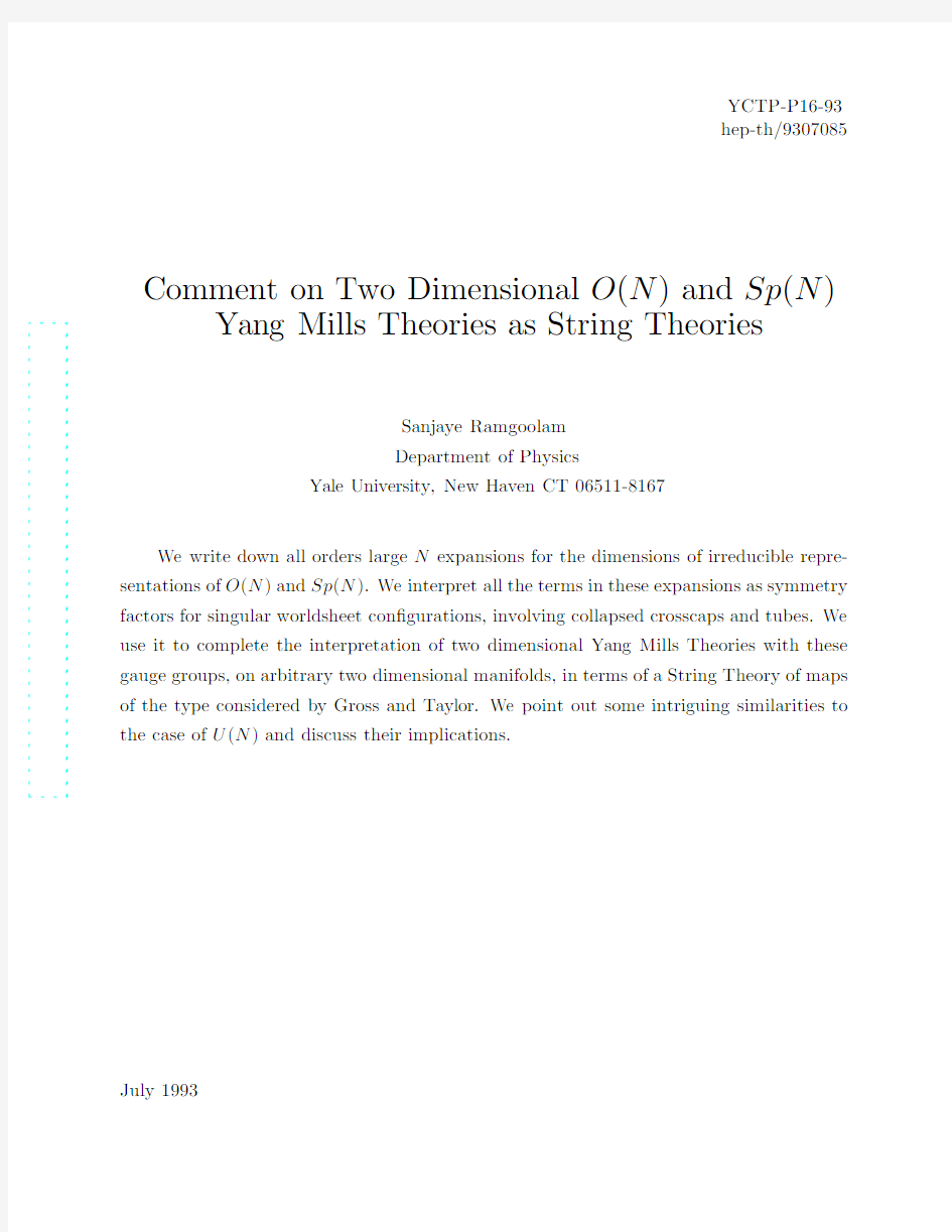 Comment on Two Dimensional O(N) and Sp(N) Yang Mills Theories as String Theories