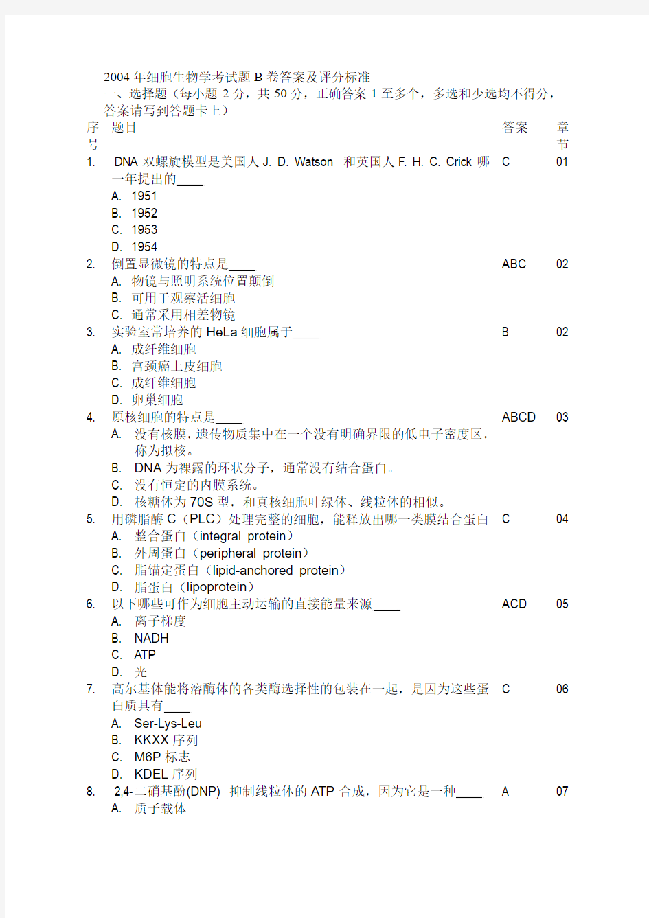 2004年细胞生物学考试题B卷答案及评分标准