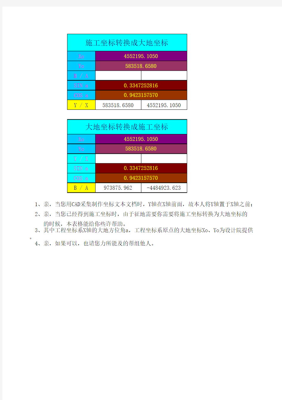 施工坐标与大地坐标的相互转化