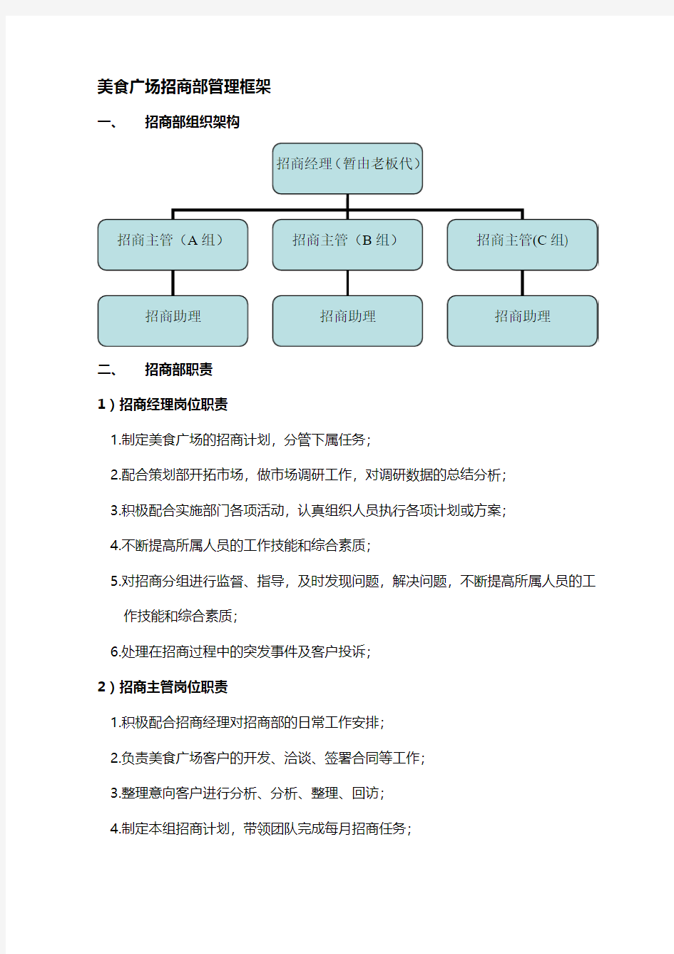 上海七宝宝龙项目食力屋美食广场-美食广场招商部管理框架
