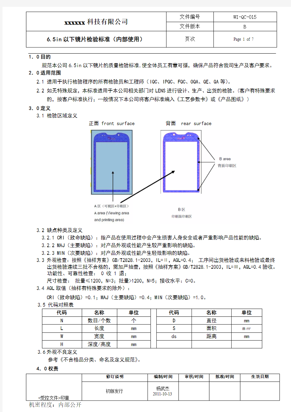 手机镜片检验标准