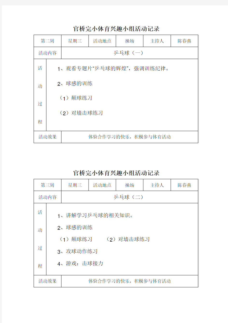 小学体育兴趣小组活动记录